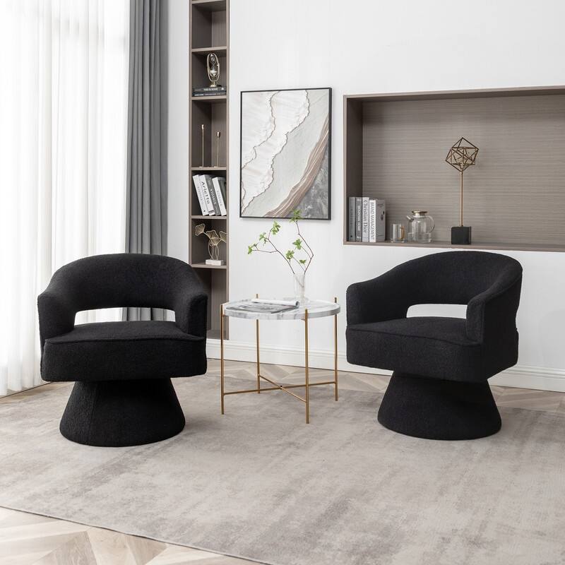 SEYNAR Modern Glam Open Back Velvet Upholstered Round Swivel Accent Arm Barrel Chair for Living Room Set of 2 - Black