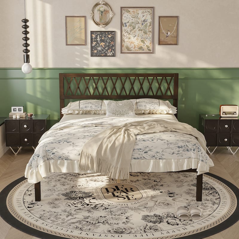 Solid Rubber Wood Platform Bed Frame with Decorative Headboard Queen Size Wooden Bed