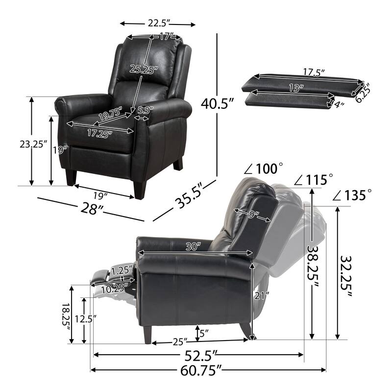 Beny Manual Recliner Chair, Black Faux Leather, Classic Rolled Arms