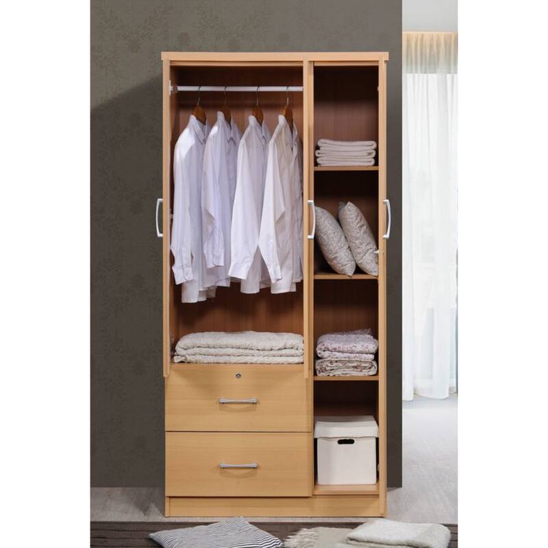 Hodedah Import 3 Door Armoire with Clothing Rod, Shelves, and 2 Drawers, Black - 187