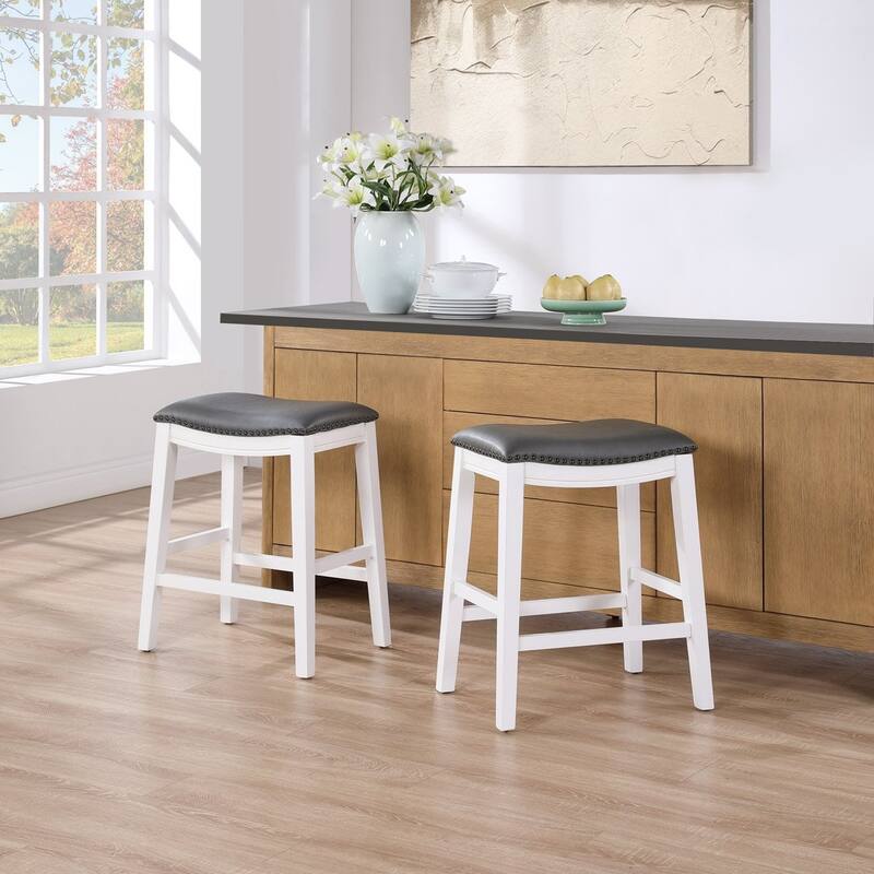 DTY Indoor Living Aurora Saddle Stool -25" Counter Stool, White/Dark Gray PU, Set of 2