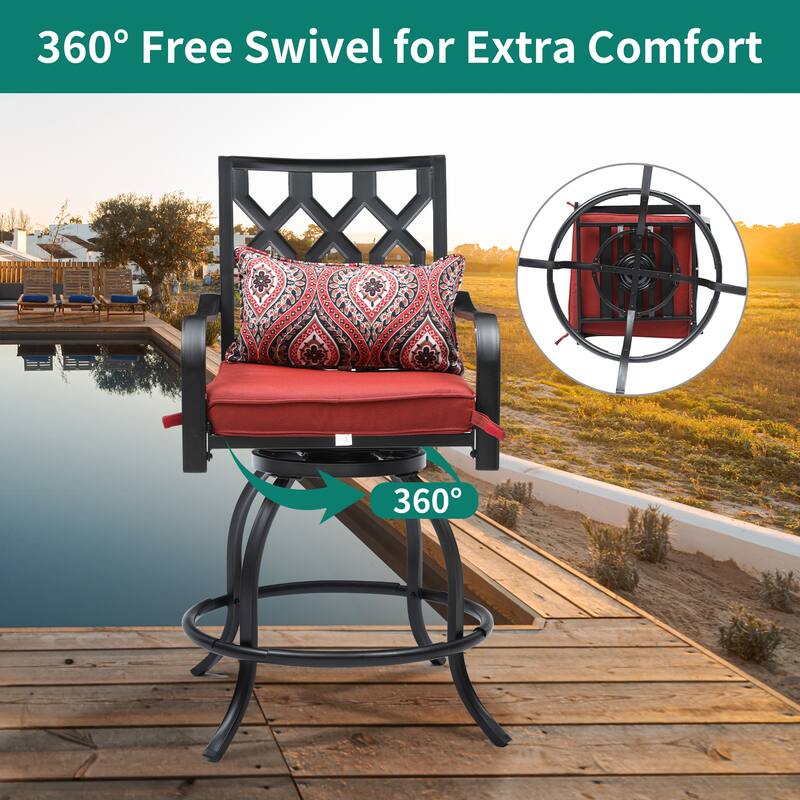 Outdoor 4-Person Patio Dining Set with Red Cushion Chairs, Metal Table
