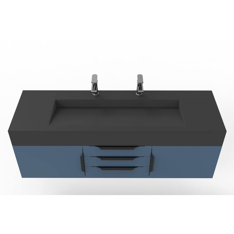 Nile 60" Wall Mounted Bathroom Vanity Set w/ Black Top