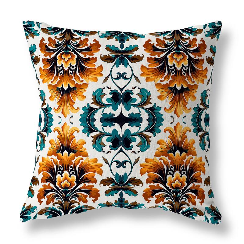 Turquoise And Orange Damask Rapture Faux Suede Throw Pillow Zipper