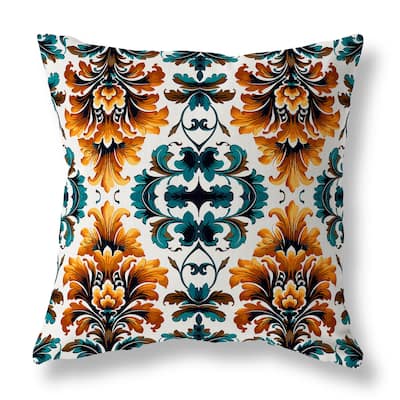 Turquoise And Orange Damask Rapture Faux Suede Throw Pillow Zipper