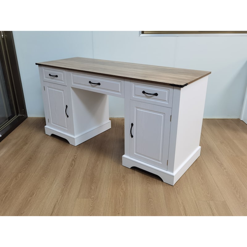 60" Executive Desk with Drawers, Farmhouse Home Office Desk with Storage Cabinets, Wood Computer Writing Desks - white