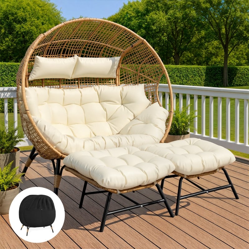Outdoor Double Wicker Egg Chair with 2 Ottomans & Rain Cover, 2-Person 680-lb Capacity