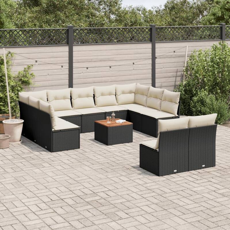 vidaXL Patio Sofa Set with Cushions Outdoor Furniture 12 Piece Poly Rattan - 24.4 x 24.4 x 27.2 - Black and Cream