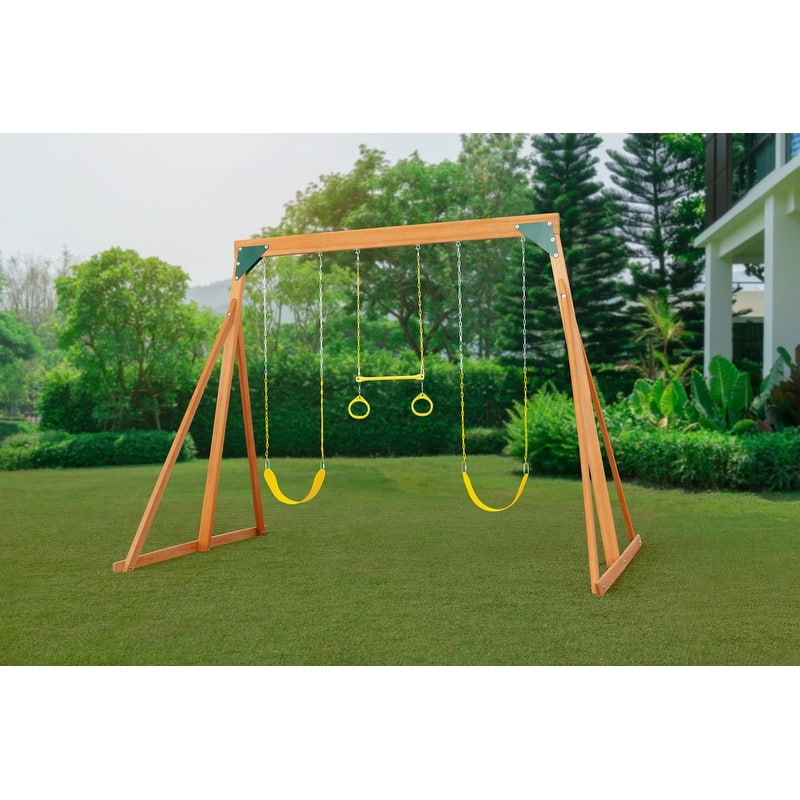 Trailside Wooden Swing Set with 2 Swings & Trapeze - 7 Color Options