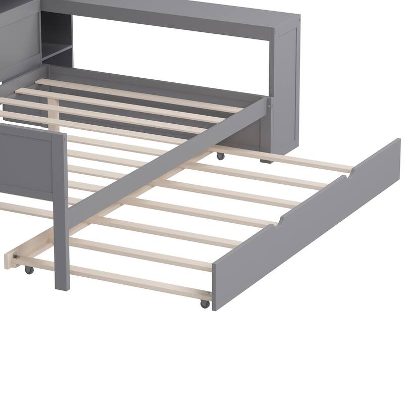 Wooden Daybed with Bookcase Storage Shelves, Storage Platform Bed with Pull-Out Trundle Bed and Built-In Study Desk