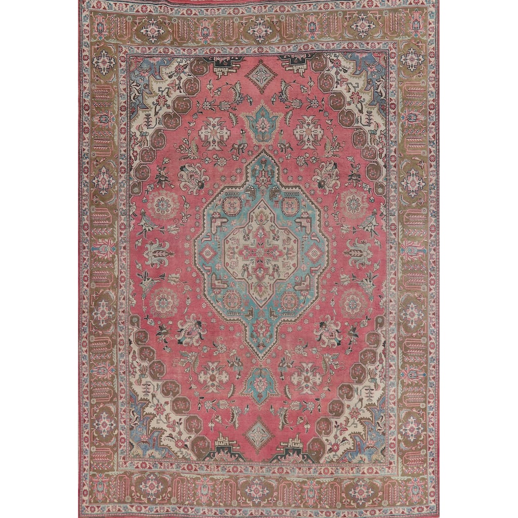Geometric Tabriz Persian Vintage Rug Hand-Knotted Wool Carpet - 9'8" x 12'8"