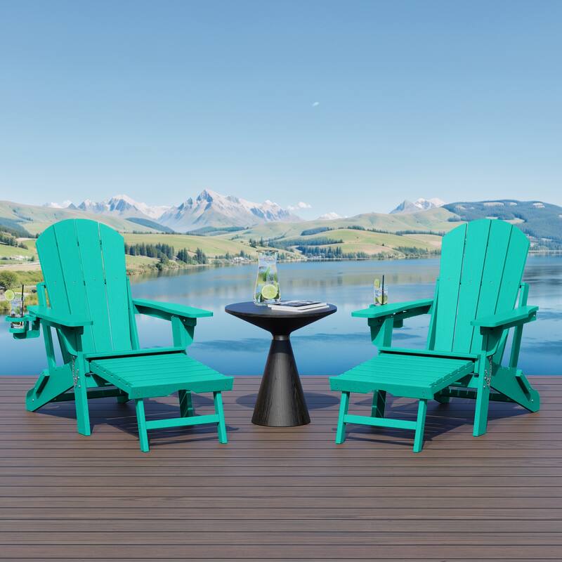 Laguna Outdoor Folding Adjustable Adirondack Chair with Cup Holder & Hideaway Ottoman (Set of 2)