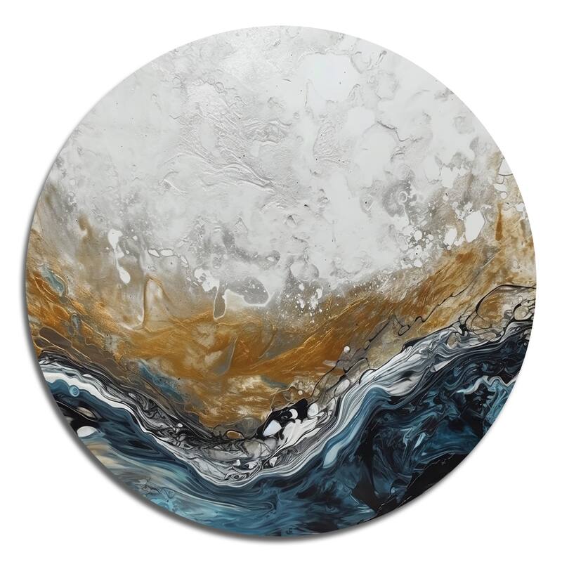 Designart "Grey Gold Modern Abstract Contemporary II" Abstract Marble Metal Round Wall Art