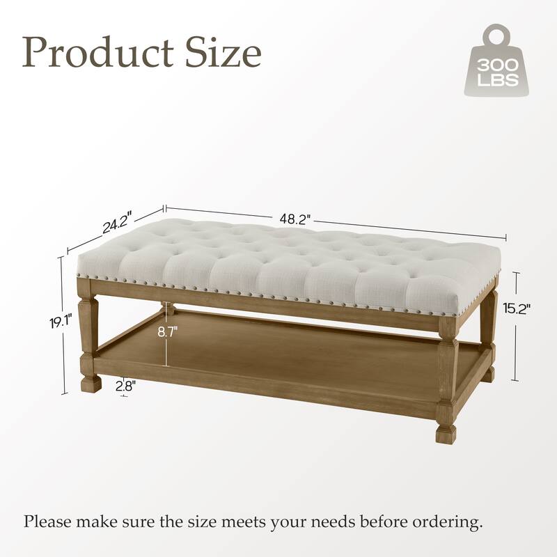 Tufted Upholstered Coffee Table Ottoman with Wooden Shelf, Fabric Bench for Living Room