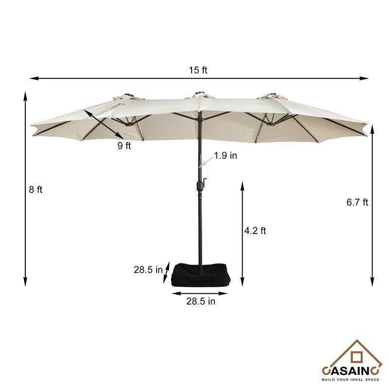 15-ft. Rectangular Crank Double-sided Outdoor Market Umbrella Solar LED Lighted Patio Umbrella with Base Included