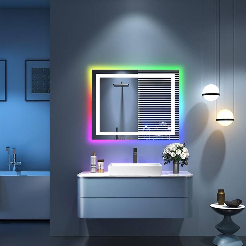 Super Bright RGB Backlit & LED Frontlit Anti-Fog Bathroom Vanity Mirror in Tempered Glass & ETL