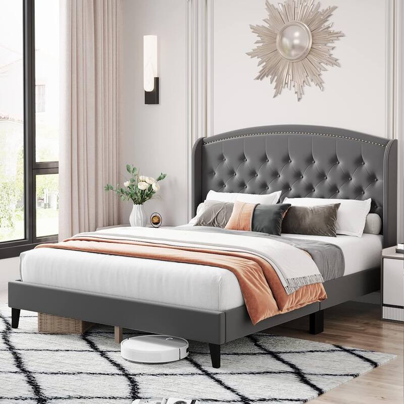 Platform Bed Frame Full with Upholstered Wingback Headboard