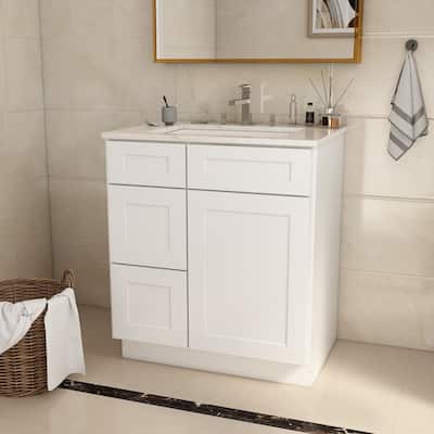 White MDF Plywood Bathroom Cabinet with Soft-Close Doors and Drawers - 30” W x 21” D x 34.5” H