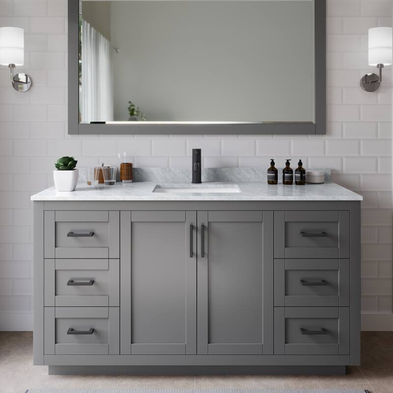 Wyndham Collection Miranda 60" Free Standing Single Basin Vanity Set - Dark Gray / White Carrara Marble Top / Matte Black