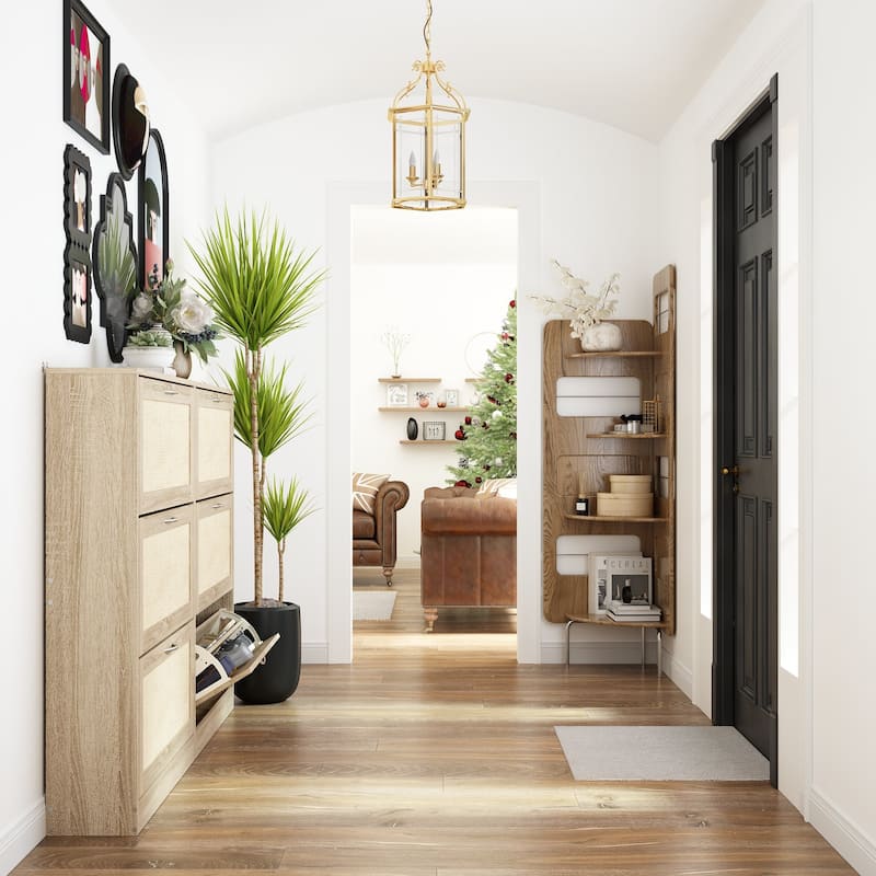 Rattan Narrow Shoe Cabinet with 3 FILP Drawers,Shoe Storage Organizer