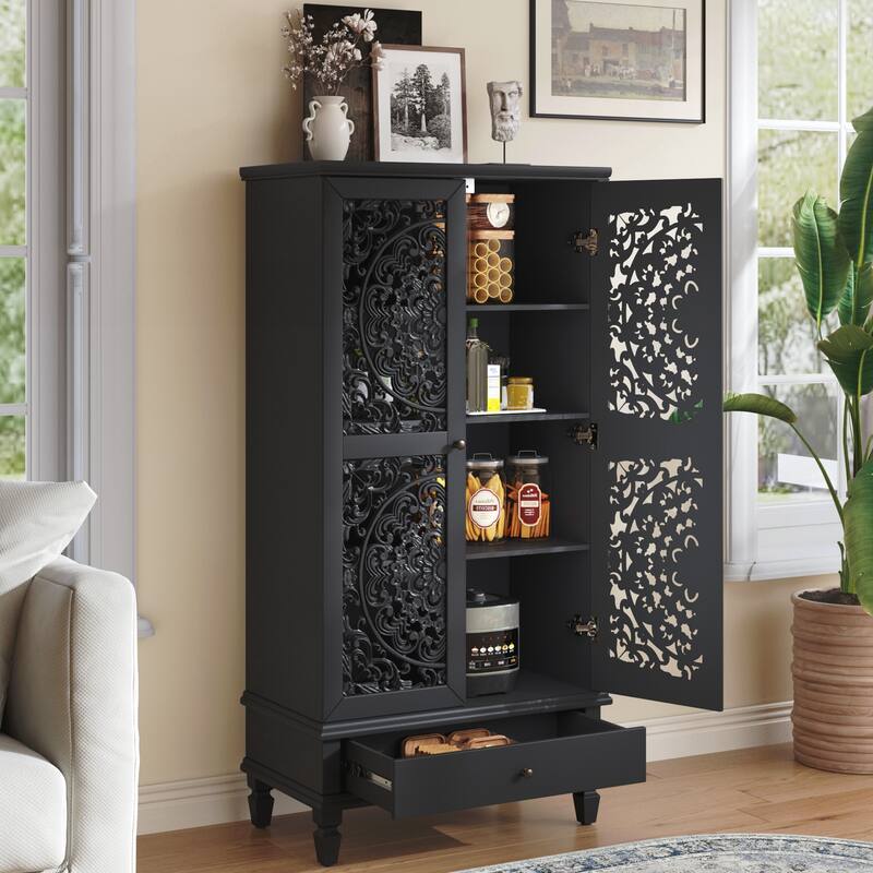 Tall Storage Cabinet with Drawer, Decorative 2-Door Carved Wood Accent Cabinet