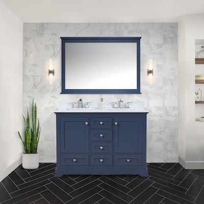Dukes 48 in. W x 22 in. D Navy Blue Double Bath Vanity, Carrara Marble Top, Faucet Set, and 46 in. Mirror