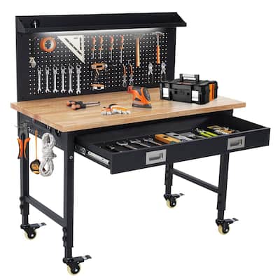 Adjustable Height Workbench with Casters, Power Outlets, Work Light - 48"x24"