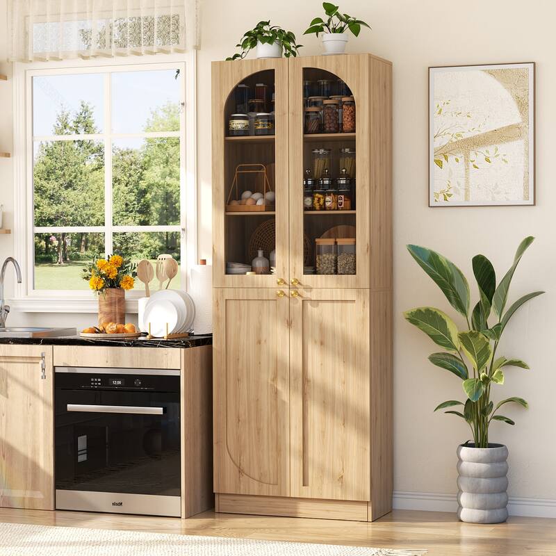 80" Tall Kitchen Pantry Storage Cabinet with 4 Doors & Adjustable Shelves, Freestanding 6-Tiers Buffet Cabinets for Dining Room - Natural