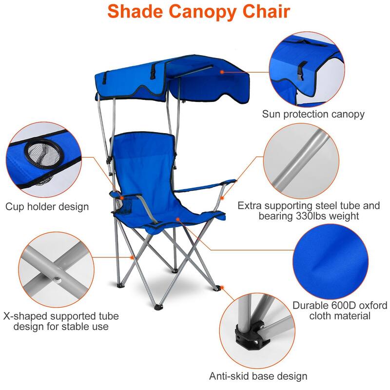 Foldable Beach Canopy Chair With Sun Shade Cup Holder 330LBS