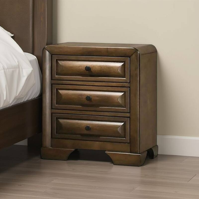 Cair Nightstand w 3 Beveled Drawers, Bronze Metal Knobs, Brown Wood
