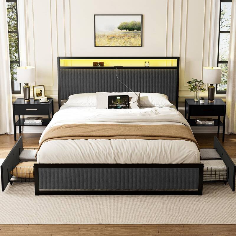 Hausource Full Size Upholstered Bed Frame with LED Headboard, 2 Drawers, Charging Station, Grey