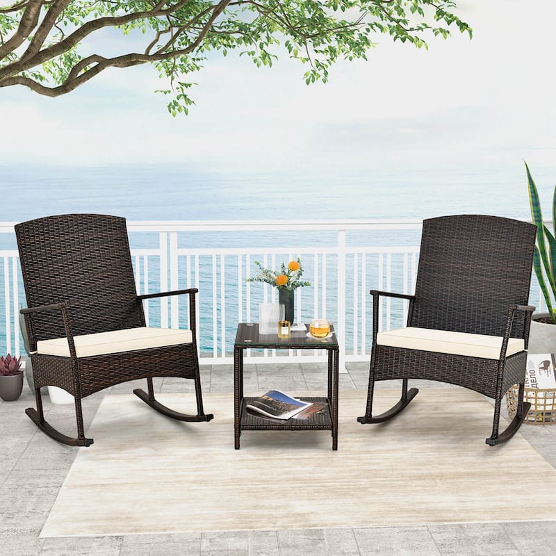 Costway 3 Piece Patio Rocking Set Wicker Rocking Chairs with 2-Tier - See Details