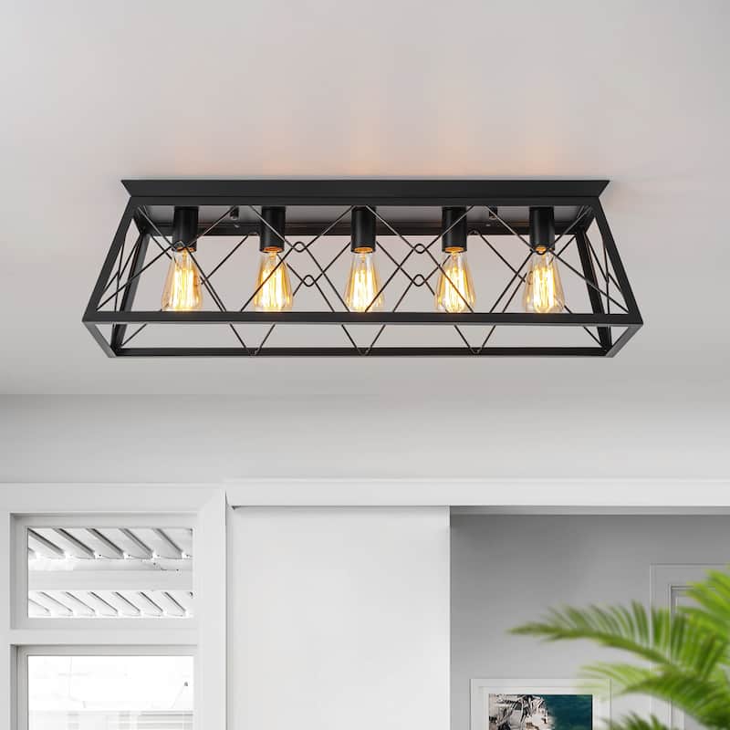 Starsky 5-Light Linear Farmhouse Rectangular Open Cage Flush Mount