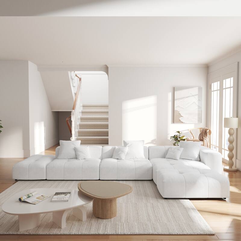 158.64" Linen Modular Sofa Modern L-Shaped Sectional Sofa 5-Seater Couch with Chaise for Living Room - White