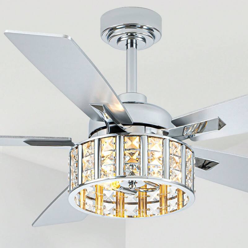 Cusp Barn 52 Inch Chandelier Crystal Modern Chrome Ceiling Fan with Light, Farmhouse Caged DC Motor Reversible Ceiling Fan - Chrome-5229