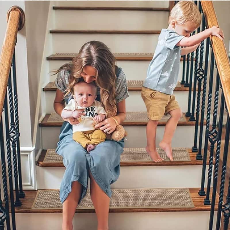 15pcs Upgraded Self Adhesive Backing Non Slip Stair Carpets, Linen Stair Treads for Indoor 30x8 in - 6' x 7' - Straw Stripe