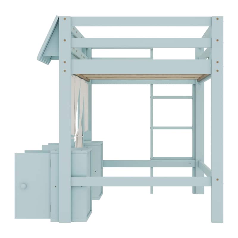 Fairy Tale Cottage Loft Bed with Tent, Bookshelf and Storage Cabinets