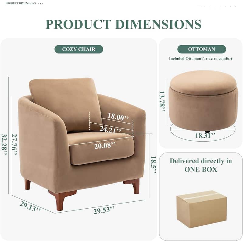 Sherpa Accent Chair with Storage Ottoman Set, Upholstered Barrel Club Arm Chair with Footrest Set of 1/2