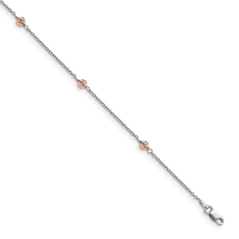 Curata 14k Two-tone Gold Polished Sparkle Cut Beaded With 1inch Ext. Anklet 9.5 Inch