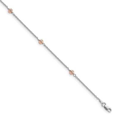 Curata 14k Two-tone Gold Polished Sparkle Cut Beaded With 1inch Ext. Anklet 9.5 Inch