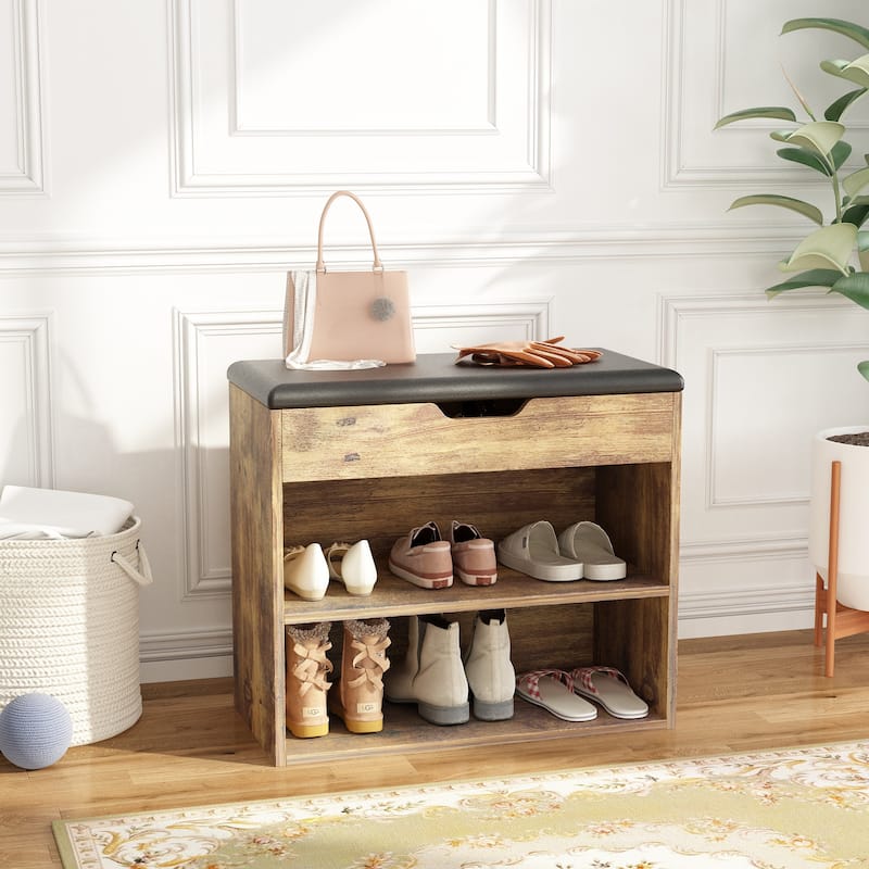 24" Rustic Entryway Shoe Storage Bench Open Shelf (6 Pairs) Shoe Storage Cabinet