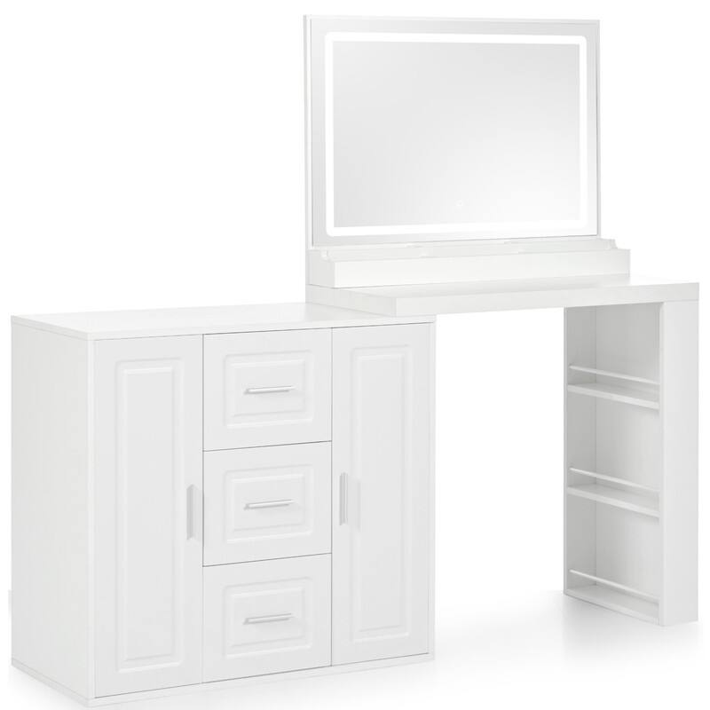59" White LED Makeup Vanity Desk with Mirror, 3 Drawers & 2 Cabinets, Storage Shelves for Bedroom