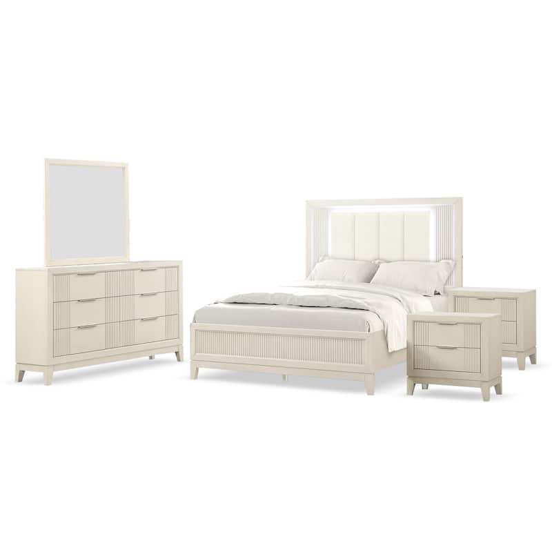 Furniture of America Irwin 5-Piece Antique White Wood Queen Panel Bedroom Set with LED Headboard