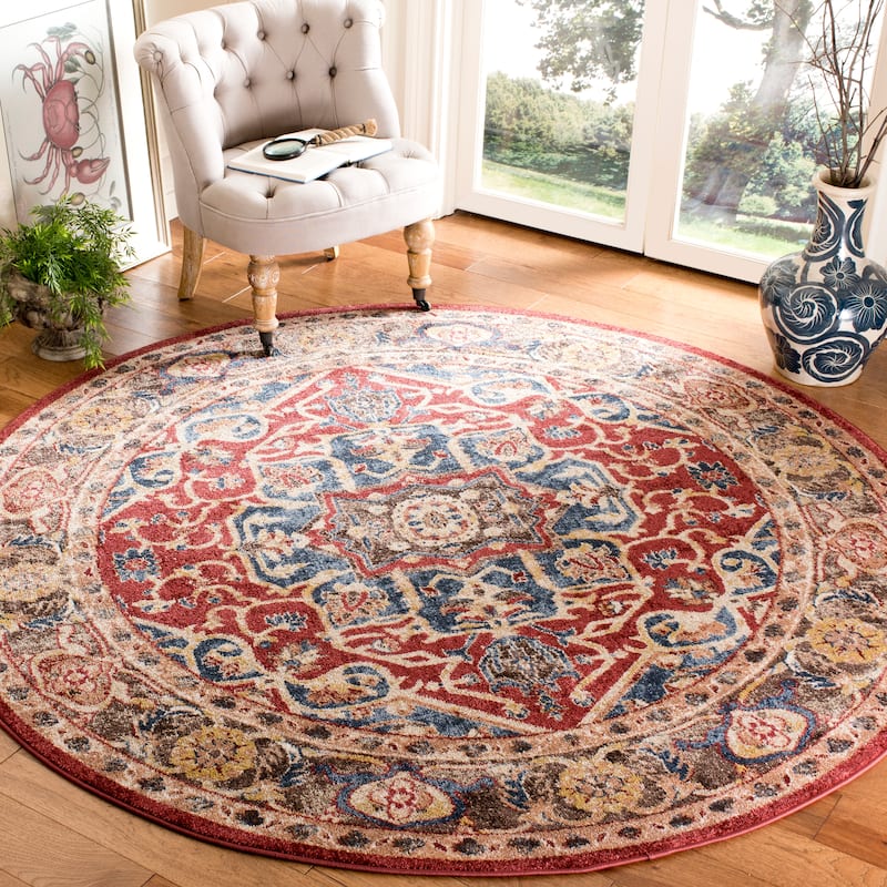 SAFAVIEH Bijar Julika Traditional Oriental Distressed Rug - 6'7" Round - Red/Royal