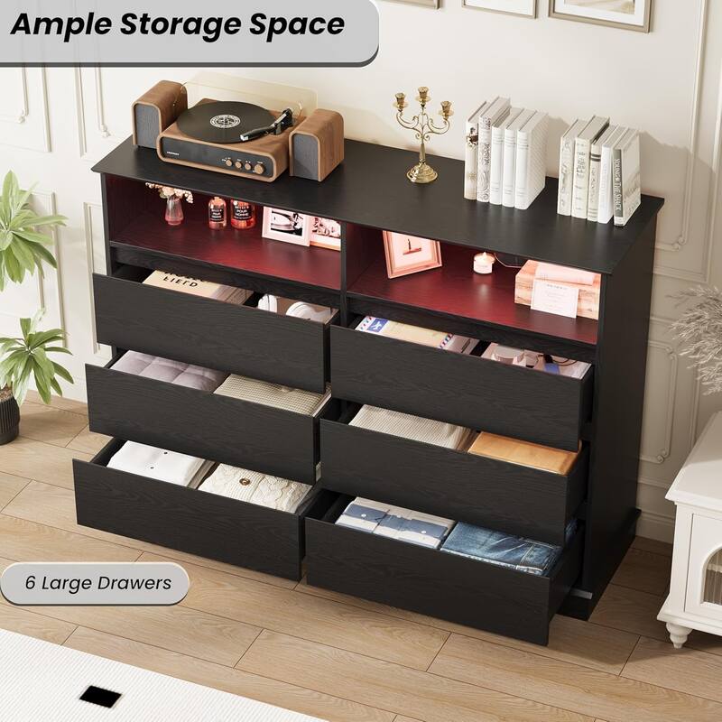 Dresser for Bedroom with 6 Drawers, Modern Chest Featuring LED Lights and Charging Station