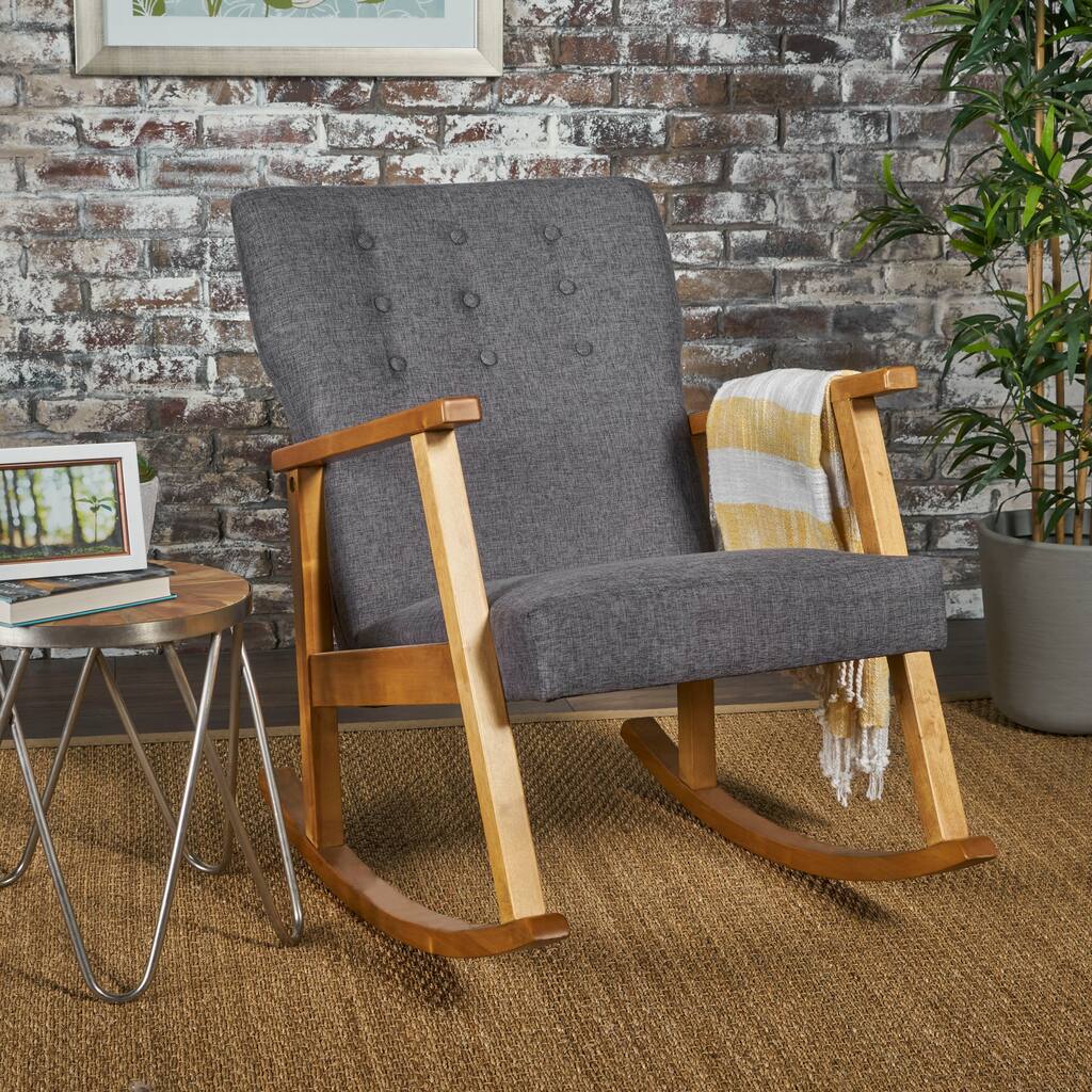 Gray Modern 25" Rocking Chair with Rubber Wood Frame and Button Tufted Waffle Stitch for Living Room