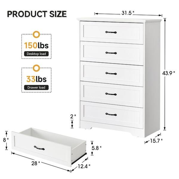 dimension image slide 1 of 2, 5 Drawers Dresser with Deep Drawers