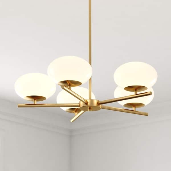 slide 2 of 14, Sloane 5 Light LED Gold Satin Brass Mid-Century Modern Chandelier with White Glass Globes - 27-in W x 7-in H x 27-in D Satin Brass - 27-in W x 7-in H x 27-in D