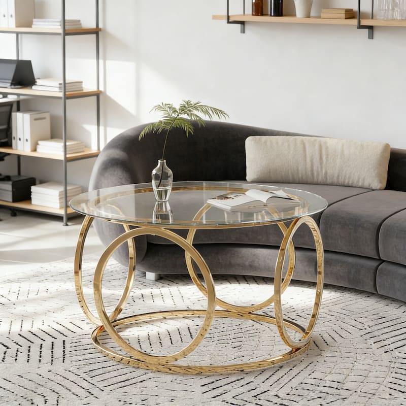31.5" Modern Round Glass Top Coffee Table with Circular Metal Frame