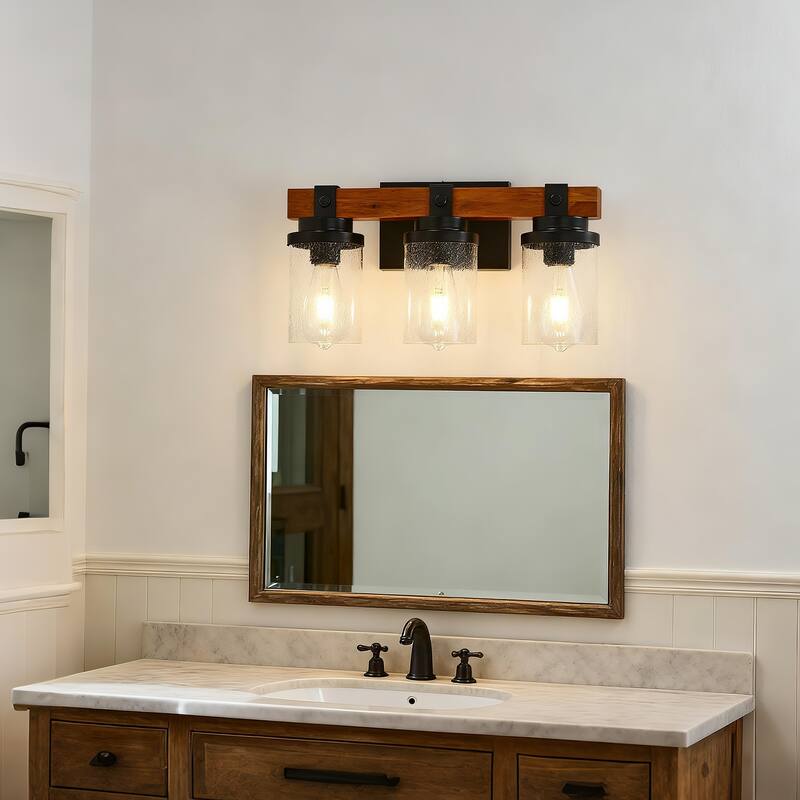 3-Light Matte Black And Wooden Wall Lamps With Glass Shades(No Bulbs) For Bathroom Or Bedroom